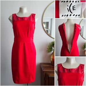 ❤️ Vintage ICE Red Sheath Dress Faux Leather Trim Sleeveless Zip Back Size 10